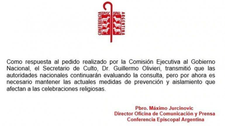 Comunicado de la Conferencia Episcopal - Sin misas