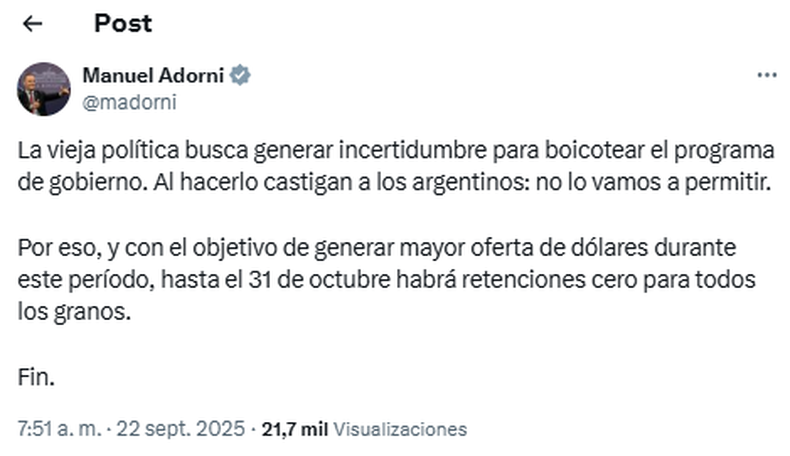El Gobierno elimina retenciones a los granos hasta fin de octubre para frenar la presión cambiaria El Gobierno elimina retenciones a los granos hasta fin de octubre para frenar la presión cambiaria