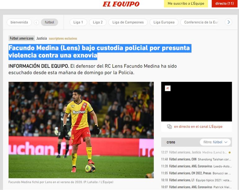 El defensor argetino Facundo Medina fue detenido en la mañana del domingo después de haber sido denunciado por su expareja por violencia de género en la noche de navidad, según informó el diario L’Equipe.