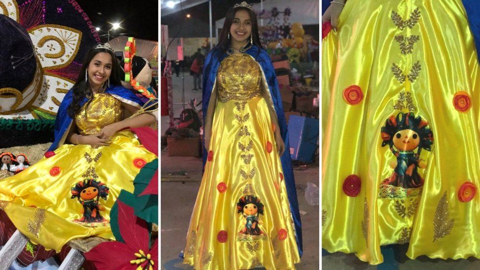 llamativo bordado en el vestido de la reina del modelo de palpala