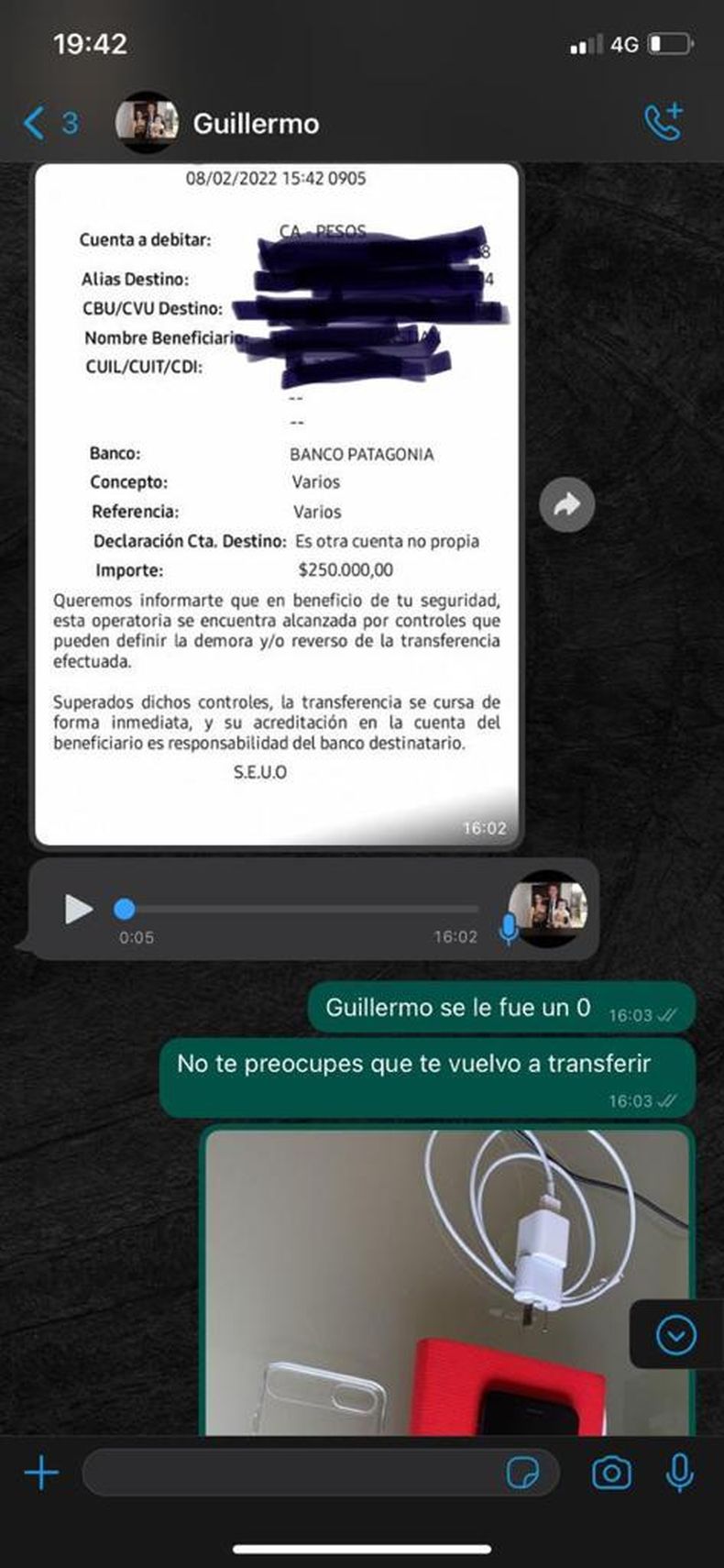 El estafador envió la imagen de un comprobante de $250 mil. Luego buscaría la forma de que la víctima se lo devolviera.
