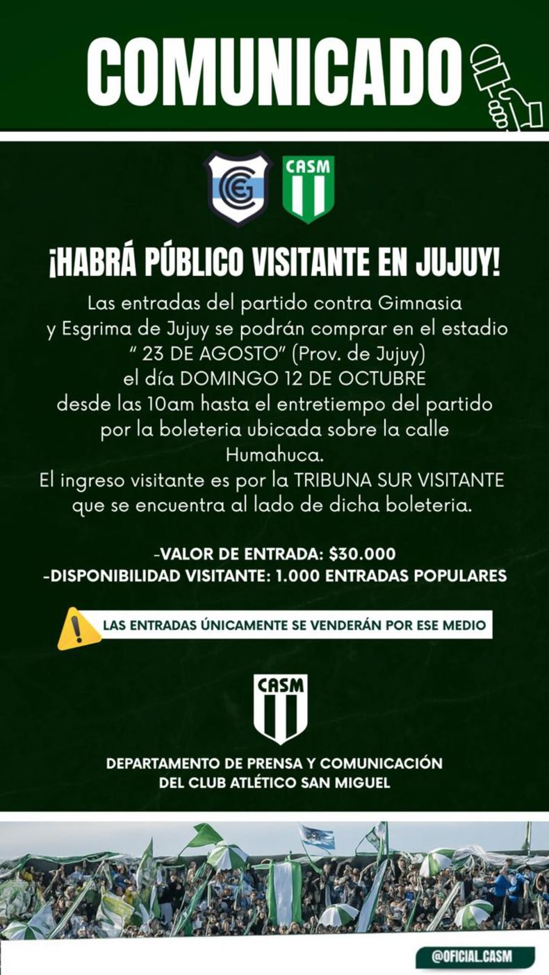 San Miguel anunció que habra hinchas de su equipo ante Gimnasia de Jujuy