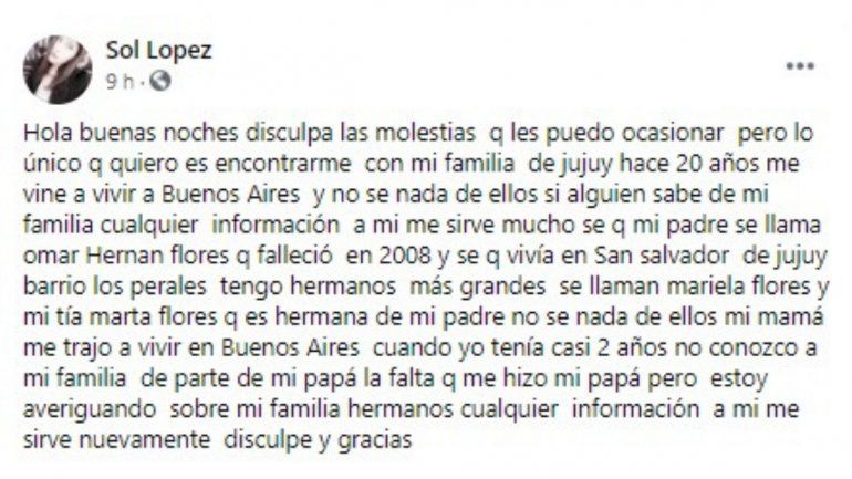 Busca a su familia paterna: Sol Lopéz realizó un posteo en Facebook 