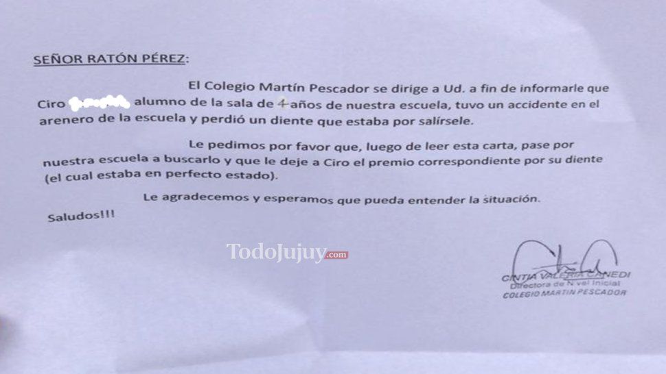 Perdió su diente en el jardín y la seño le escribió al Ratón Pérez jujeño