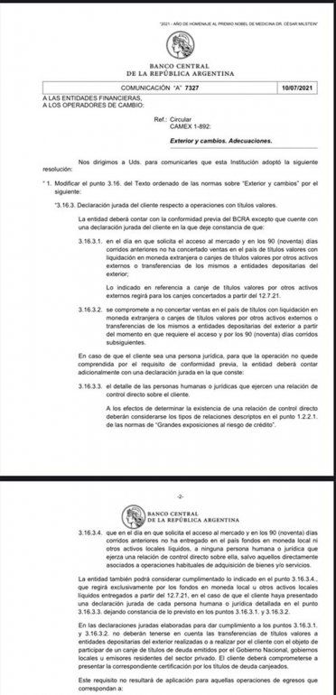 El comunicado del Banco Central con el ajuste al d&oacute;lar de contado con liquidaci&oacute;n.