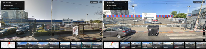 Chequeado- Reverso sobre Carrefour Las imágenes en Street View muestran que en 2017 aún estaba el cartel del supermercado, pero en mayo de 2019 ya no, y para 2023 aparece el escudo de San Lorenzo.