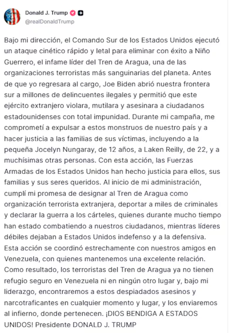 El posteo de Trump sobre el bombardeo