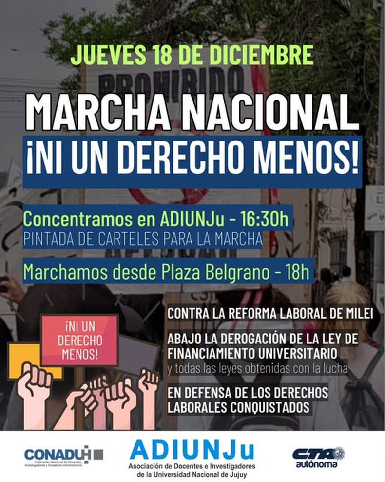 La Asociación de Docentes e Investigadores de la Universidad Nacional de Jujuy (ADIUNJu) se suma al repudio contra la denominada Ley de “Modernización” Laboral.