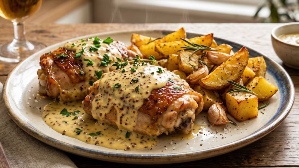 Receta de pollo a la mostaza con papas doradas. Receta de pollo a la mostaza con papas doradas.