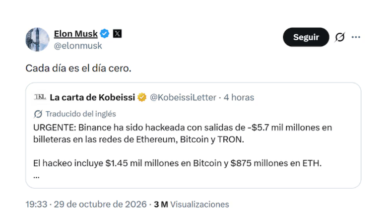 La reacción de Elon Musk al presunto hackeo que sufrió Binance vía X (@elonmusk)