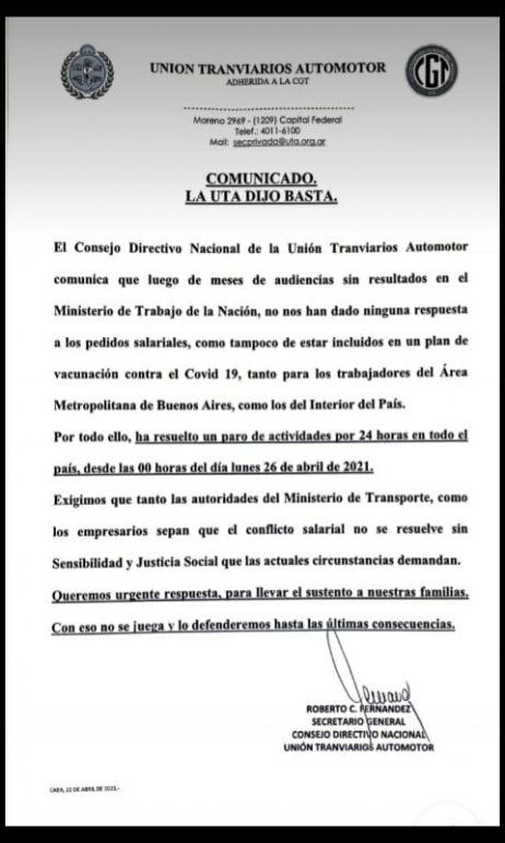 El comunicado de UTA.