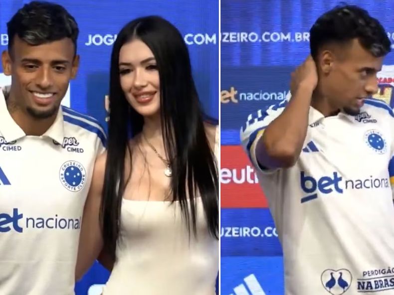 Fue presentado en su nuevo club, posó junto a su pareja y un incómodo gesto se volvió viral.&nbsp;