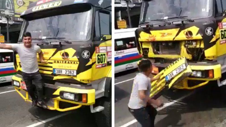 ¿Y ahora? Un fanático se tomó una foto con un camión del Dakar y lo rompió