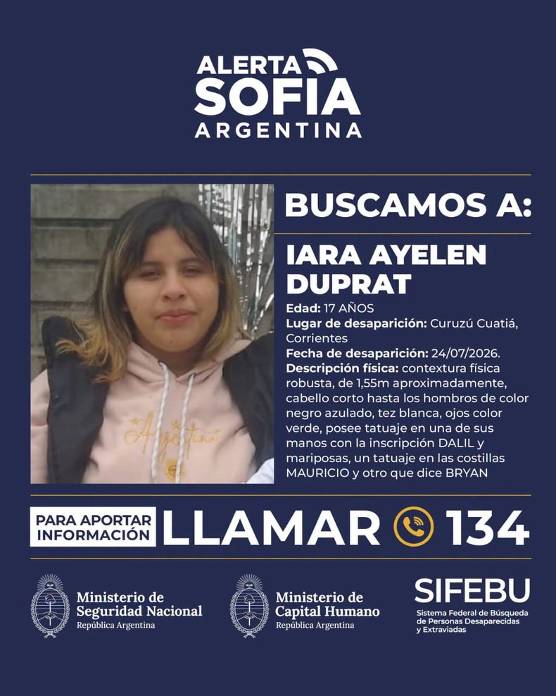 Alerta Sofía: buscan a Iara Ayelén Duprat, desaparecida en Corrientes
