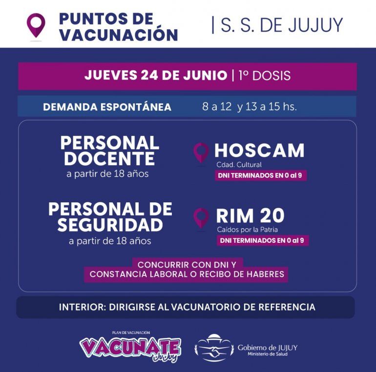 Cronograma de vacunación para docentes y personal de la fuerza