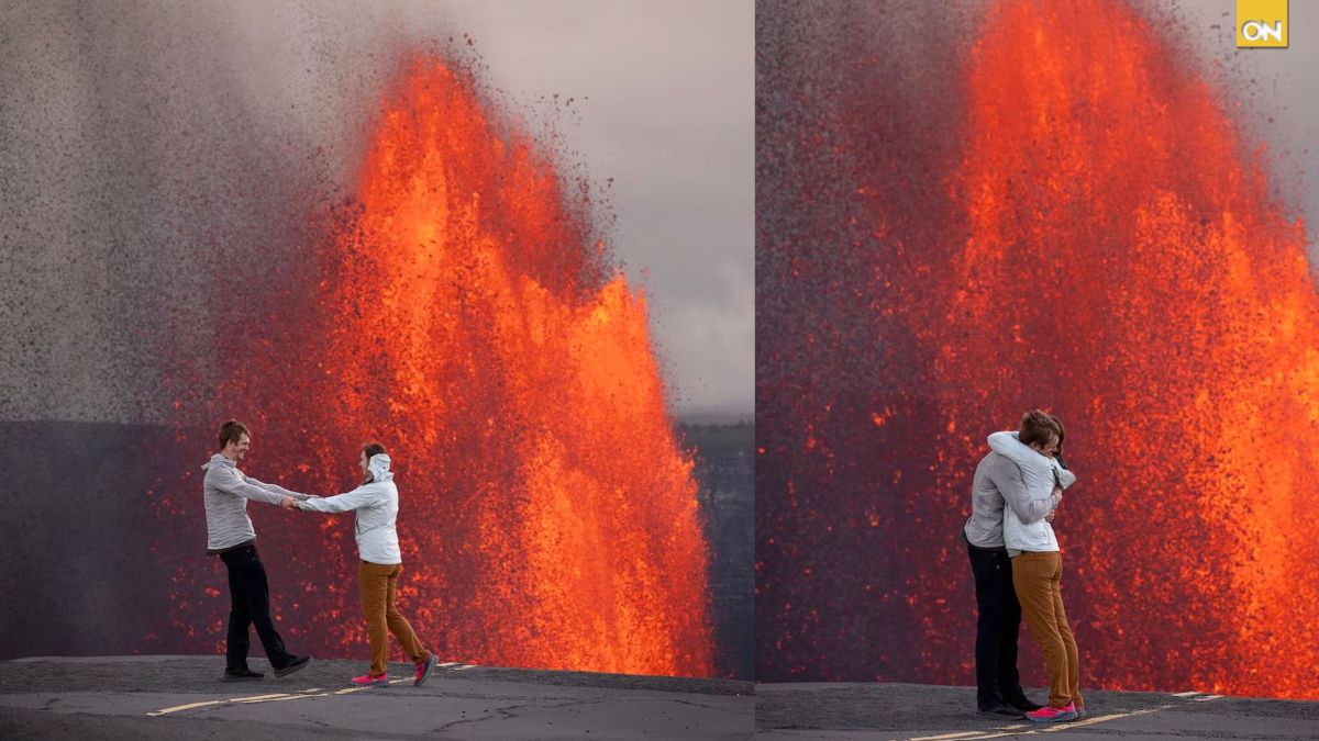 Le propuso matrimonio a su novia delante de un volcán durante su erupción.