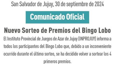 INPROJUY sobre el sorteo del Bingo Lobo.