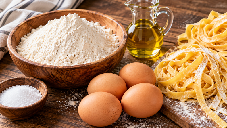 Ingredientes para fideos caseros al huevo.