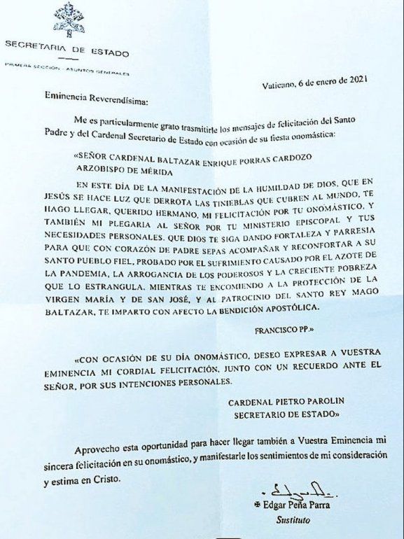 La carta del papa Francisco al cardenal de Caracas.
