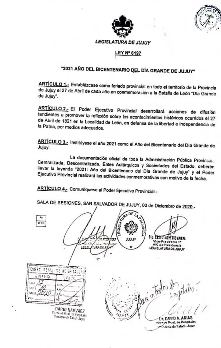 Ley aprobada en la Legislatura de Jujuy para crear el feriado del 27 de abril por el Día Grande de Jujuy 