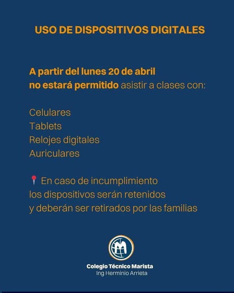 La medida fue comunicada luego de lo ocurrido días atrás con las amenazas de tiroteo y establece que los dispositivos retenidos deberán ser retirados por las familias.