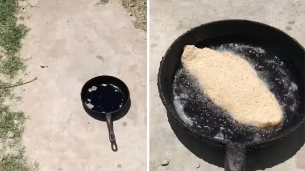 Este hombre se volvió viral en redes sociales tras filmarse cocinando una milanesa en el asfalto.