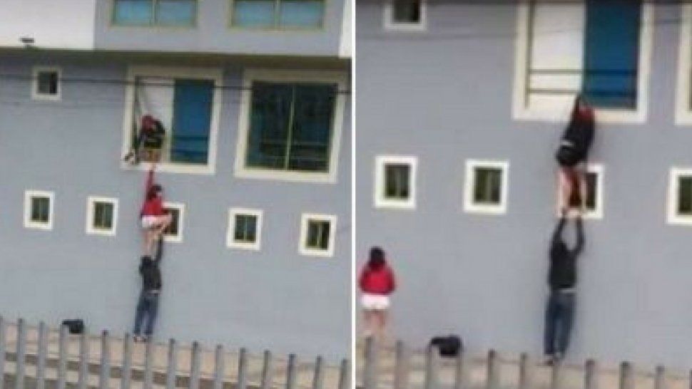 Insólito video muestra el escape de trío amoroso de un hotel alojamiento