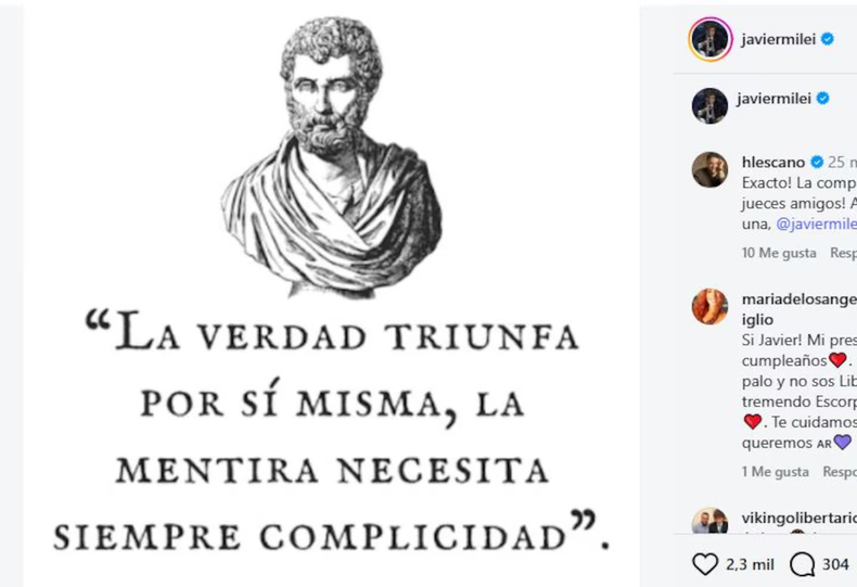Publicación del Instagram de Javier Milei tras el fallo del caso Libra.