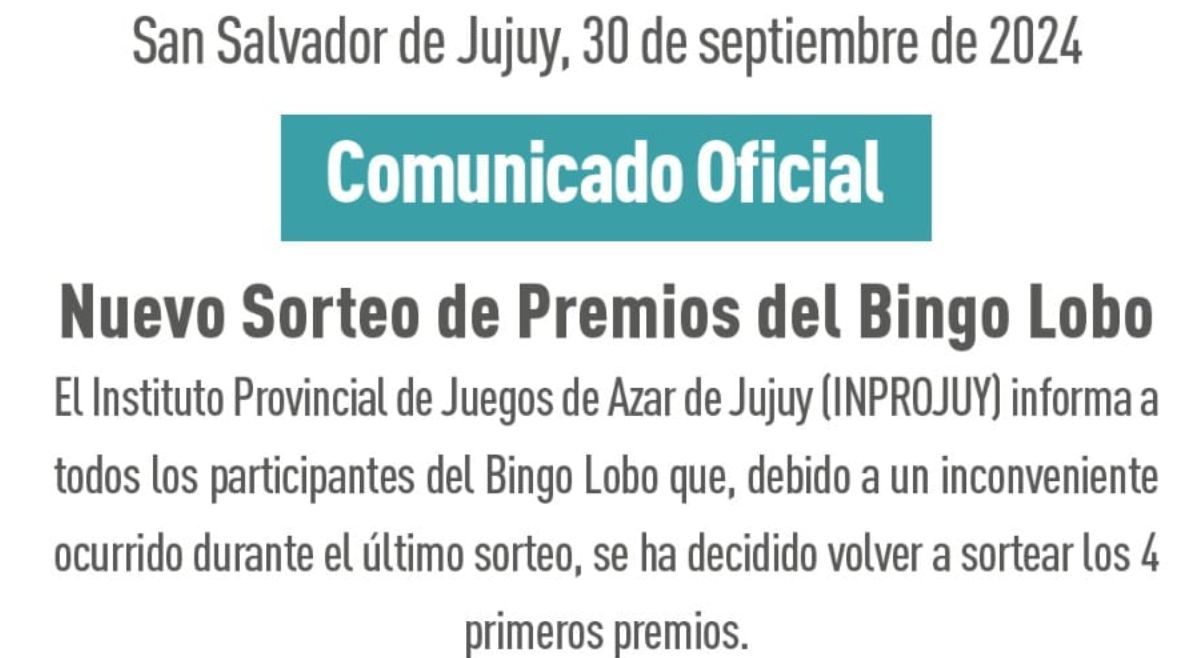 INPROJUY sobre el sorteo del Bingo Lobo.