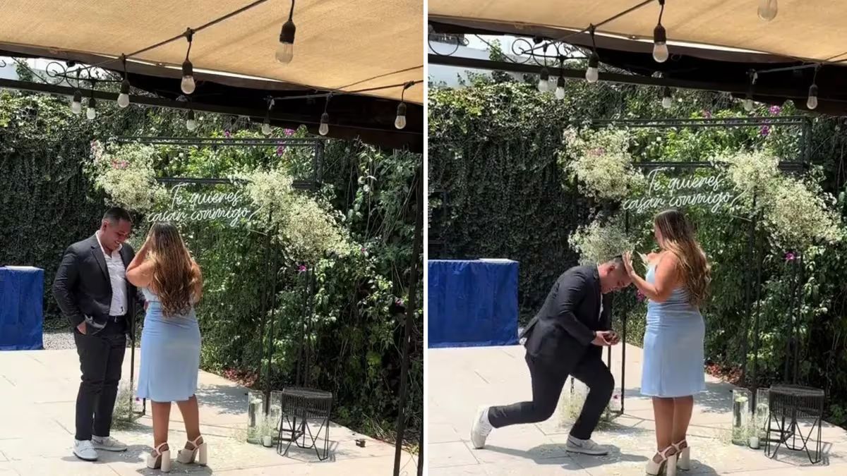 Las imágenes muestran el momento exacto en el que, al intentar arrodillarse, los pantalones del hombre cedieron.