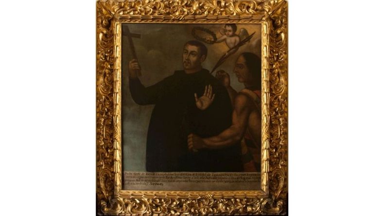 Pedro Ortiz de Zárate en un pintura restaurada en 1984. Allí se observa el martirio del sacerdote atacado por un indígena que lo apuñala en el pecho. En la esquina superior derecha, un ángel se dispone a coronarlo y a otorgarle la palma que caracteriza a los mártires. En la parte inferior se encuentra una cartela que contiene los datos biográficos del beato, así como un recuento de las circunstancias que rodearon su muerte.
