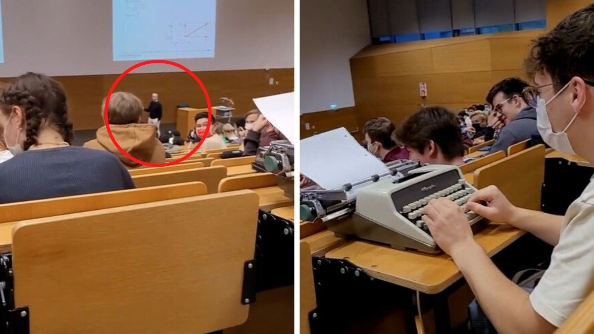 Un profesor dio clases a la antigua y un alumno usó una máquina de escribir.&nbsp;