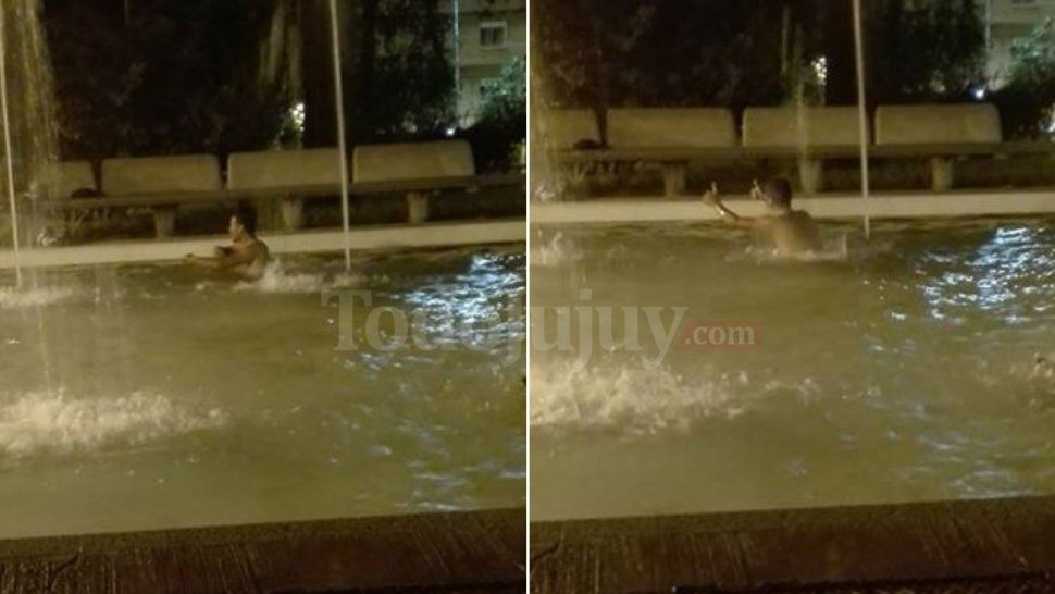 ¡Inconscienca! Se bañaron en la fuente de la plaza Belgrano cerca de las conexiones de luz
