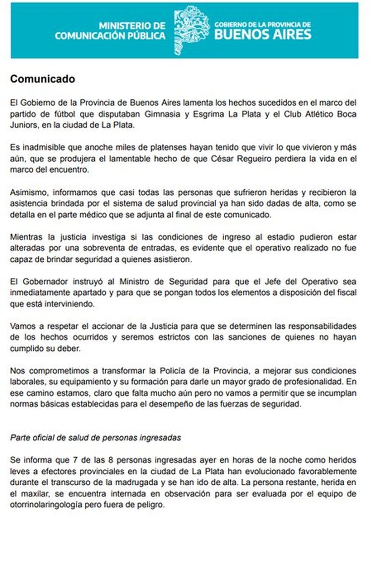 Comunicado del Gobierno de Buenos Aires