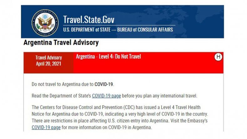 Argentina en lista de países que EEUU recomienda no viajar