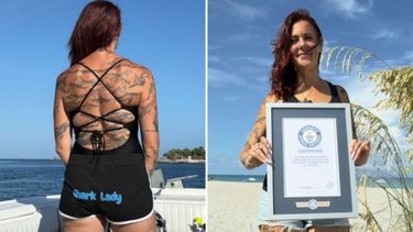 La bióloga que se volvió viral por sus 106 tatuajes de tiburones y logró un Guinness.