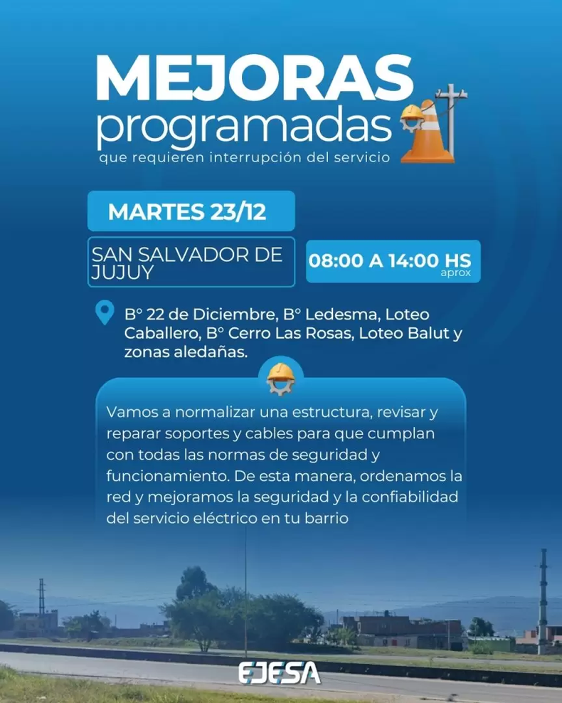 Interrupción del servicio de luz por mejoras programadas para este martes