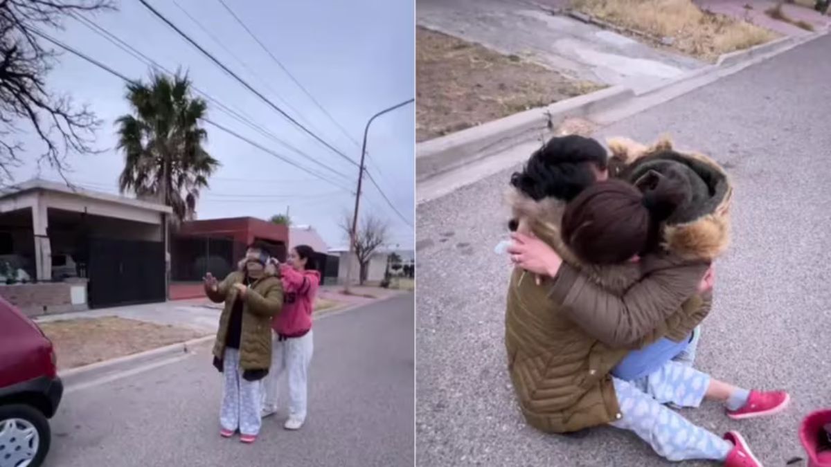 Se ve a la madre con los ojos vendados mientras se prepara para recibir el regalo sorpresa.&nbsp;