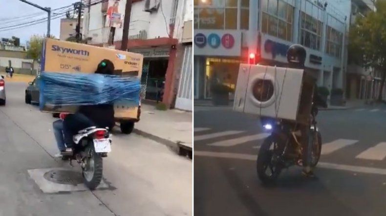 ¡Insólito! Se ataron un Smart TV y un lavarropas para llevarlos en la moto