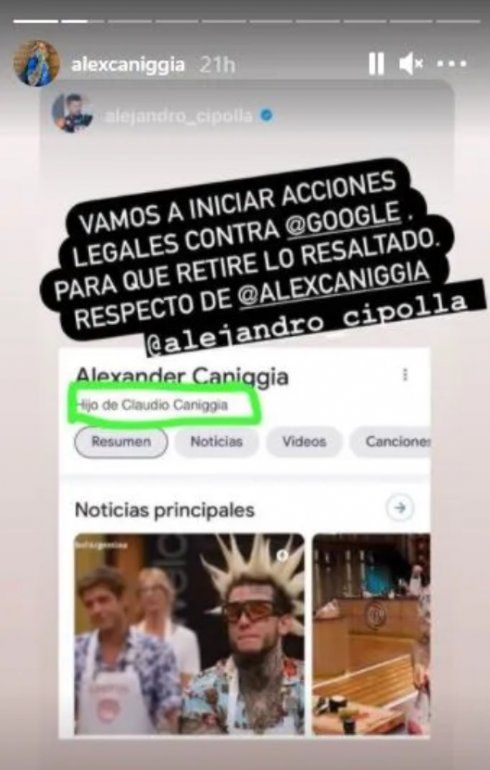 Alex Caniggia le inicia juicio a Google para no ser 