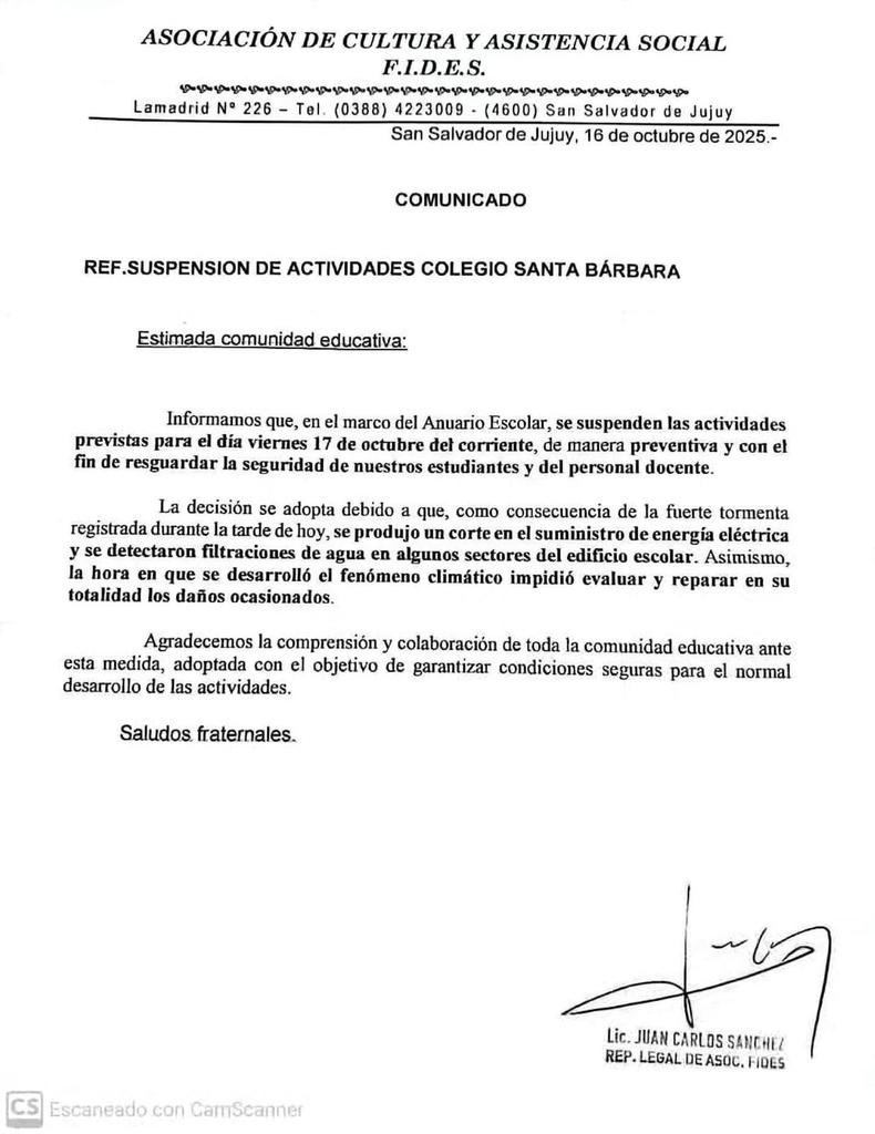 Comunicado del Colegio Santa Bárbara.