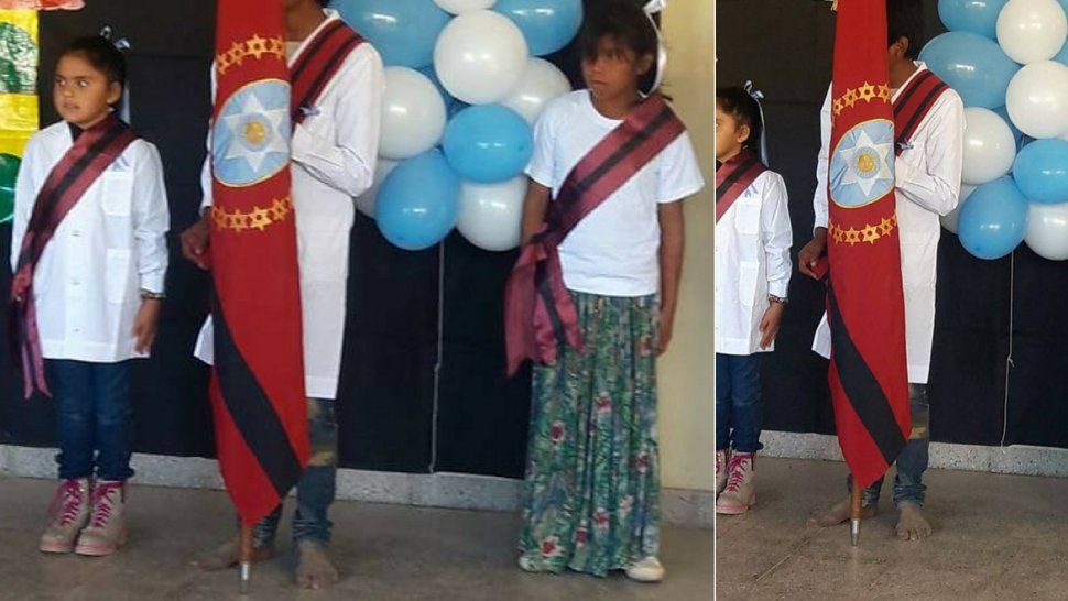 La imagen que entristece y se convirtió en viral: un niño abanderado descalzo en un acto