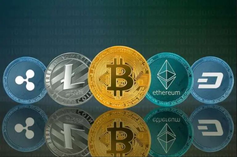 Inversiones. Ilustración de las criptomonedas más populares, como Bitcoin y Ethereum.