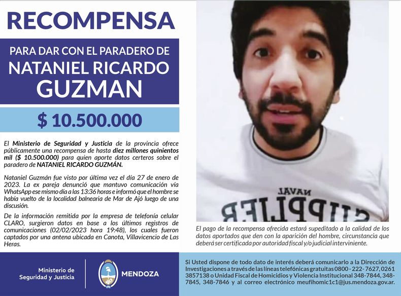 Subieron en Mendoza la recompenza por Nataniel Guzmán