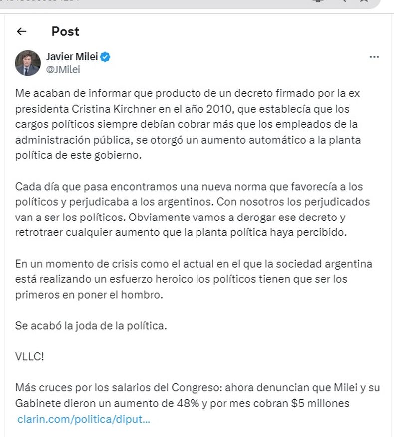 El Presidente aseguró que se trató de un incremento “automático” y culpó a Cristina Kirchner por haber firmado un decreto en 2010 que establecía que los cargos políticos siempre debían cobrar más que los empleados de la administración pública