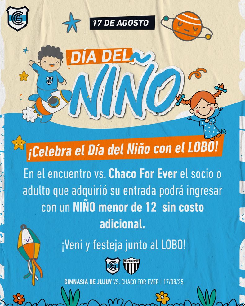 El Lobo Jujeño permitirá el ingreso gratuito de un menor por cada socio o entrada adquirida para el partido ante Chaco For Ever este domingo, Día del Niño.