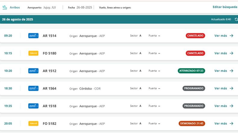 Situación de los vuelos en Jujuy: arribos