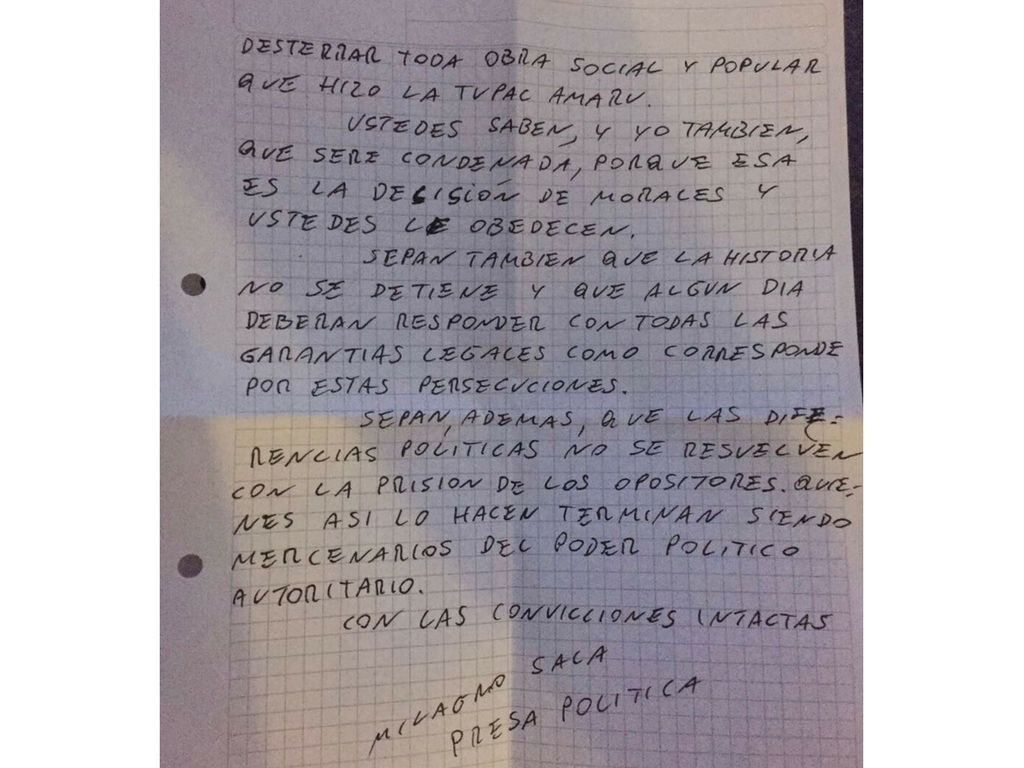 Carta Milagro Sala