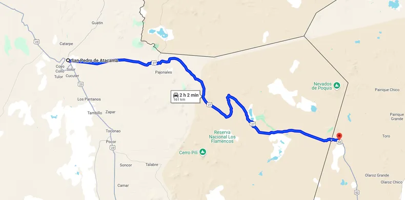 Distancia desde San Pedro de Atacama hasta el Paso de Jama