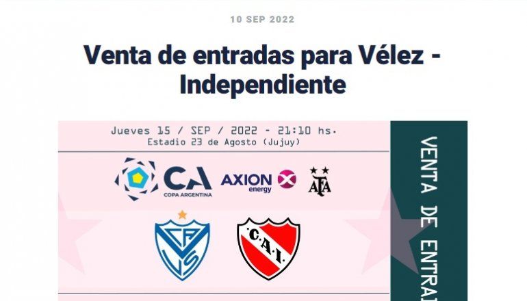 Vélez - Independiente en Jujuy - venta de entradas: Populares para mayores de 12 años: $1500.